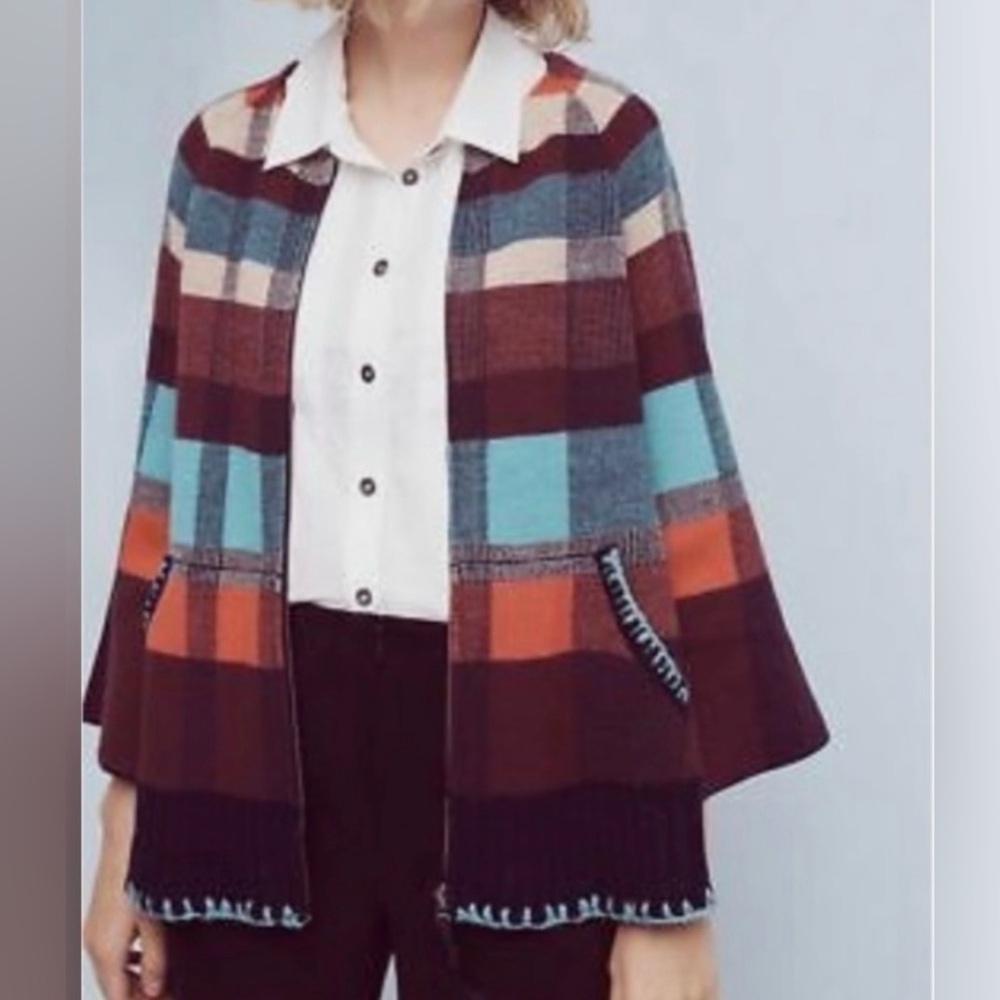 Women’s Anthropologie HWR Plaid zip cardigan sweater w/slight flared sleeves M